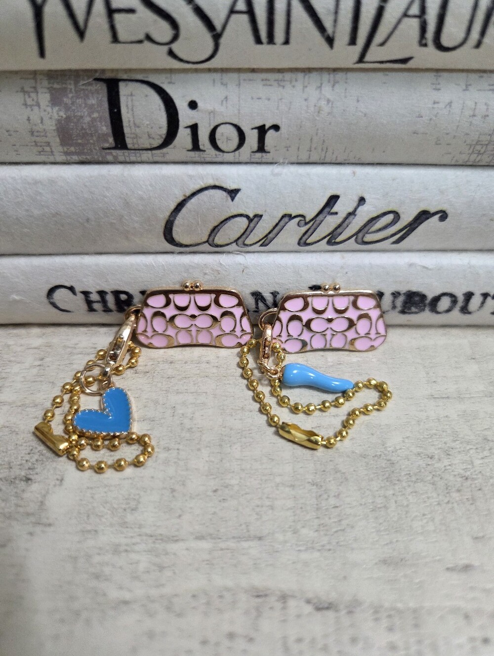 Y2K Pastel Pink Enamel Kisslock Purse Bag Charms Set - Brand New
